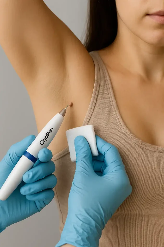 woman having cryopen to remove underarm skin tags Notting Hill