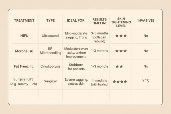 Table showing the comparisons of Skin tightening Notting Hill treatment options.